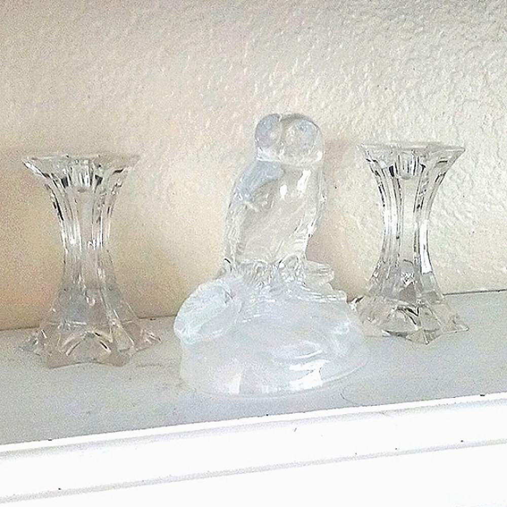 3 pc OWL Crystal D’Arques Figurine Sitting on log 2 CRYSTAL Candle Sticks BUNDLE